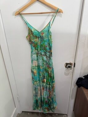 Tiered Aqua Tropical Maxi Dress with Spaghetti Straps